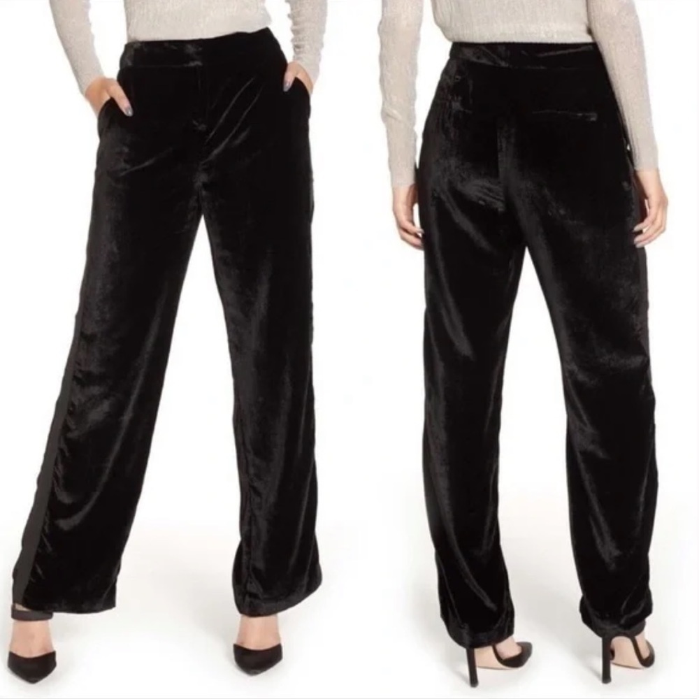 NEW Nordstrom Velvet Trousers Black High Rise Velour‎ Size 2 Tuxedo Stripe Pants
